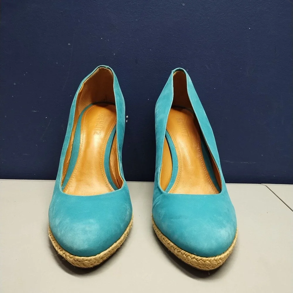 Schutz Espadrille‎ Wedges Heels Womens US 10 Tan Green Suede Upper Rubber Sole